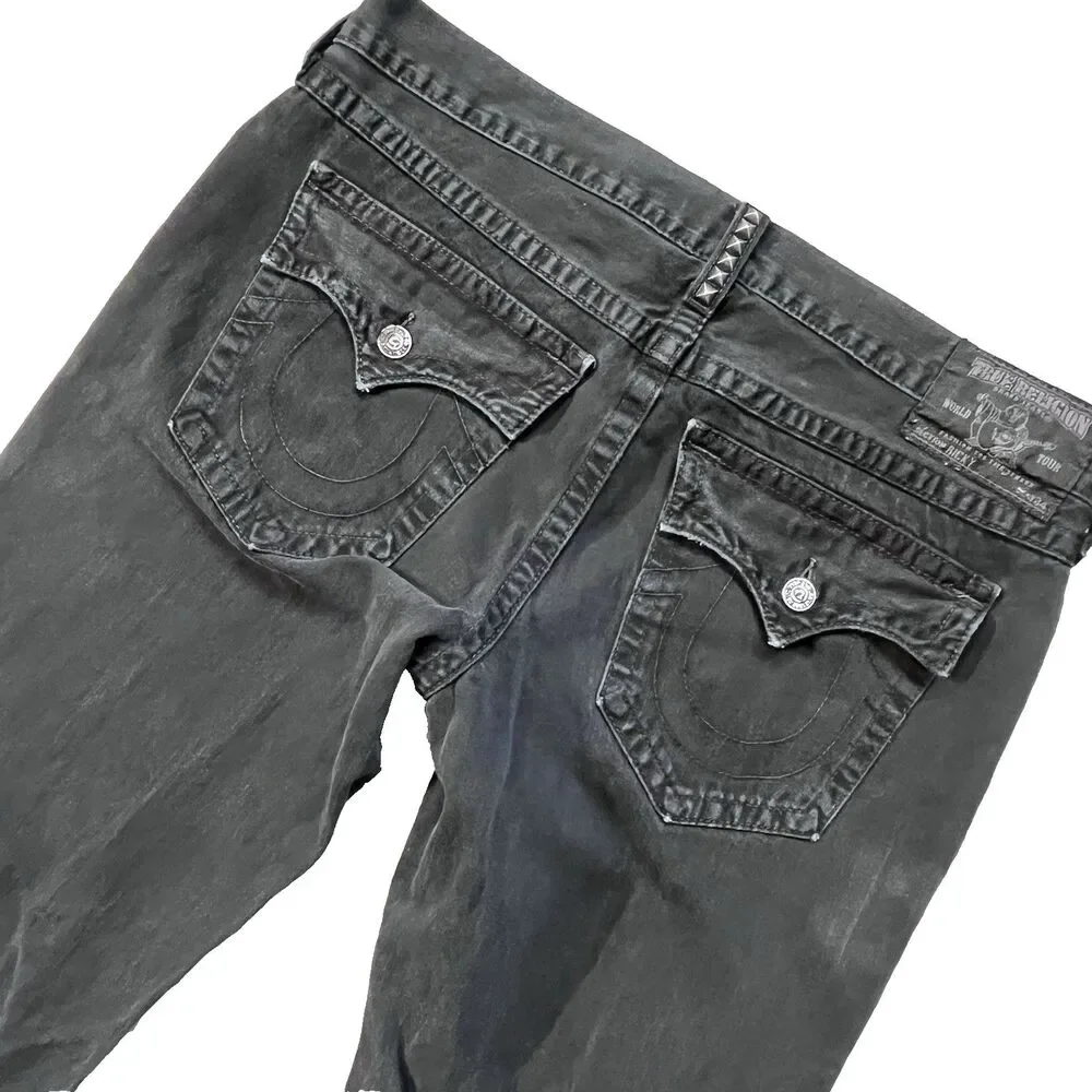 True Religion Mens 40x33 Black Denim Coin Pocket Straight Leg Jeans Rivets